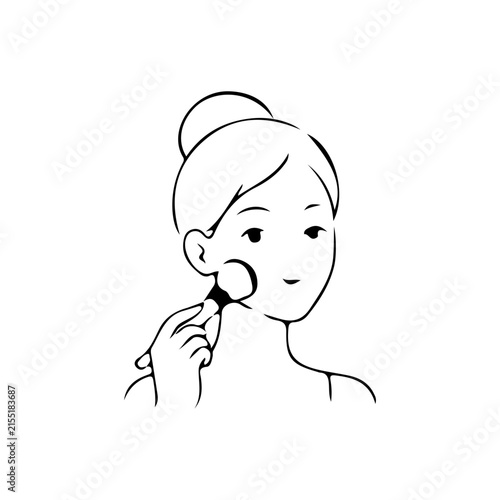 Minimal woman line icon showing a cosmetic brush applied to the cheek, ideal for makeup tutorials, cosmetic branding, beauty packaging, and commercial design.
