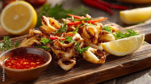 Grilled baby squid with spicy sauce and lemon wedges on wooden cutting board