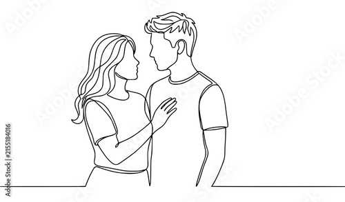 Картината върху платно Young couple standing together one line art vector, affectionate woman touching