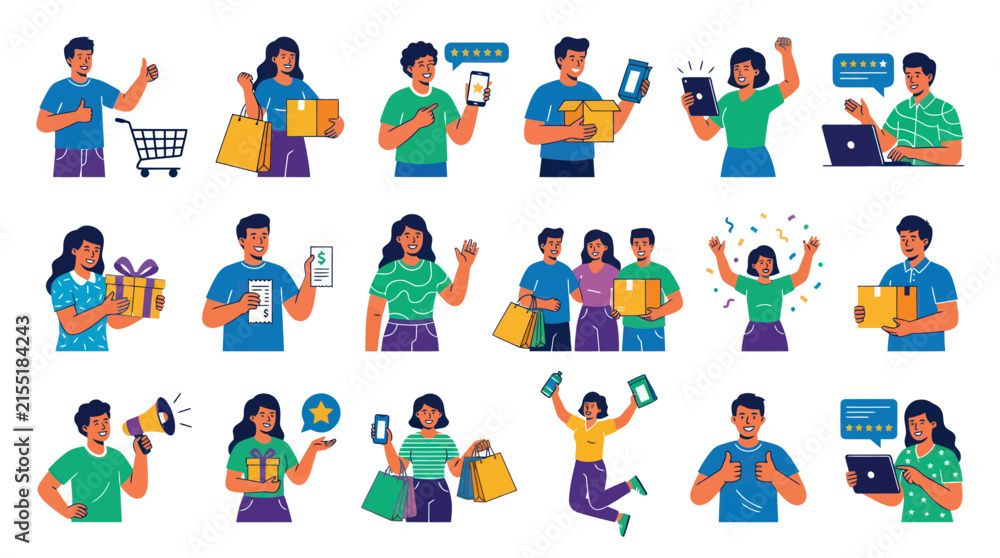 Fototapeta premium E-commerce and Online Shopping Flat Vector Illustration Collection with Happy People, Delivery, and Customer Reviews