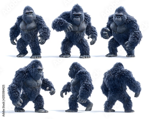 Realistic 3D render of a powerful, muscular blue gorilla in six different poses against a white background