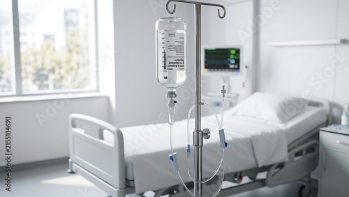 Intravenous drip bottle hanging on stand near hospital bed with vital sign monitor

