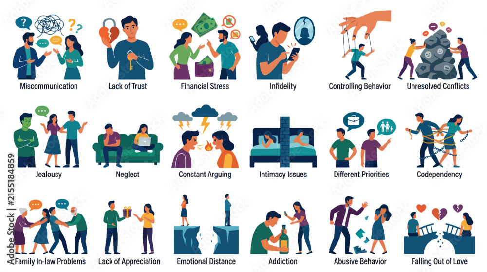 Fototapeta premium Relationship Problems Flat Icons: Conflict, Stress, Infidelity, Neglect, Jealousy