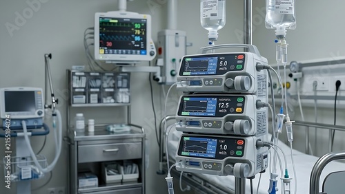 Stacked electronic infusion pumps and cardiac monitor screens in clinical intensive care room
