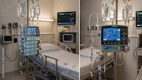 Intravenous drip stand and patient heart rate monitor in modern hospital intensive care unit
