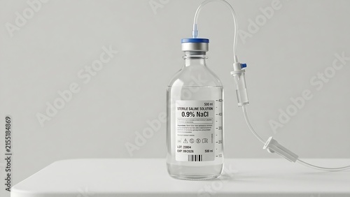 Clear glass bottle filled with saline solution for medical intravenous treatment on isolated background
