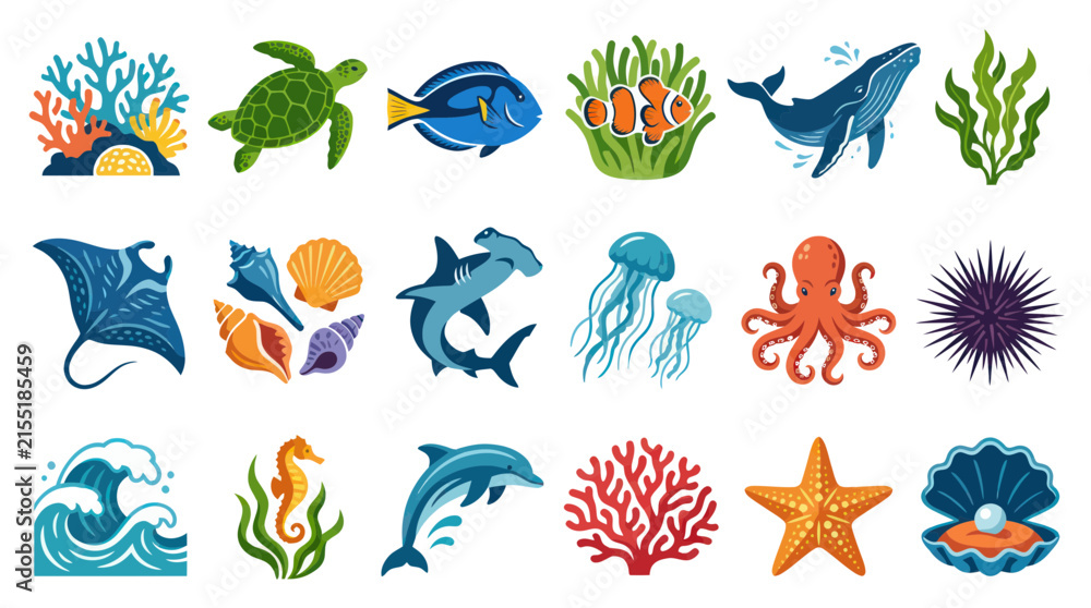 Fototapeta premium Marine Life Animals and Ocean Elements Flat Vector Icon Set - Underwater Creatures Collection