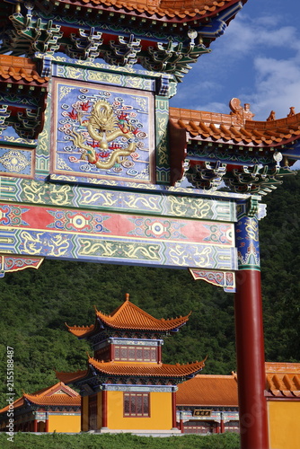 Traditional Chinese Pavilion Surrounded by Lush Green Mountains in Phnom Sruoch, Kampong Speu, Cambodia