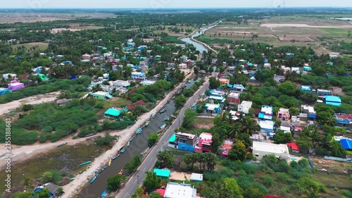 Aerial drone view of village in Tamil Nadu, India