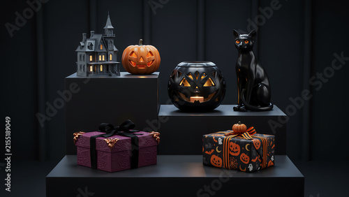 Spooky halloween still life composition with gift boxes and decorative figures halloween decorations celebration presents