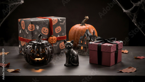 Halloween decoration setup with gift boxes and black cat ornament halloween decoration celebration atmospheric seasonal