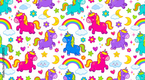 Seamless pattern with cute cartoon unicorns, rainbows, and stars for kids textile design