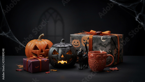 Halloween decoration composition with carved pumpkins, wrapped gift boxes and black cat figurine on dark surface, still life