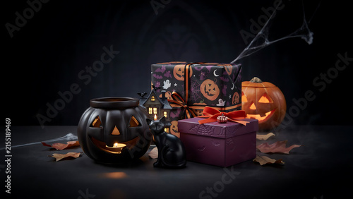 Atmospheric halloween scene with wrapped gifts and glowing pumpkin lantern halloween decoration celebration atmospheric