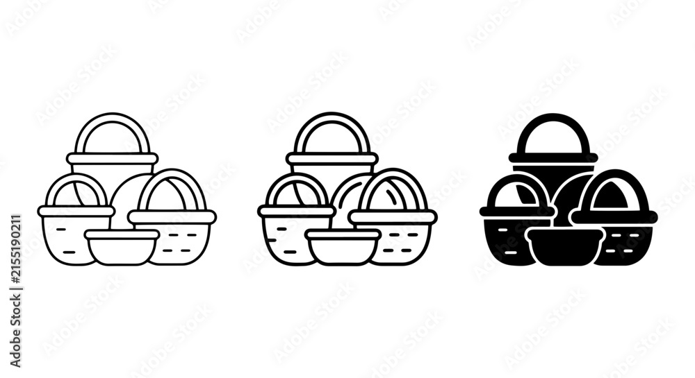 Fototapeta premium Set of 3 Basket Icons, Vector Graphics, Simple Line Art and Silhouette Styles