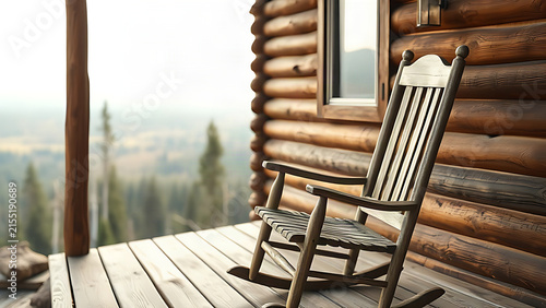 Weathered rocking chair on a cabin porch facing wilderness, morning.
