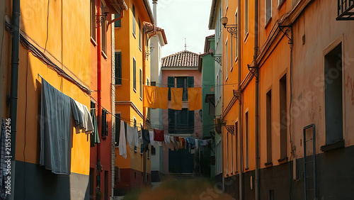 A narrow street with colorful houses and laundry lines in warm light.