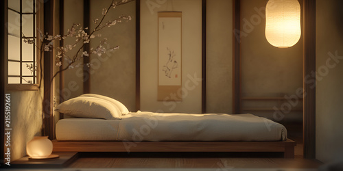 Minimalist Bedroom Interior with Low Bed, Warm Pendant Light