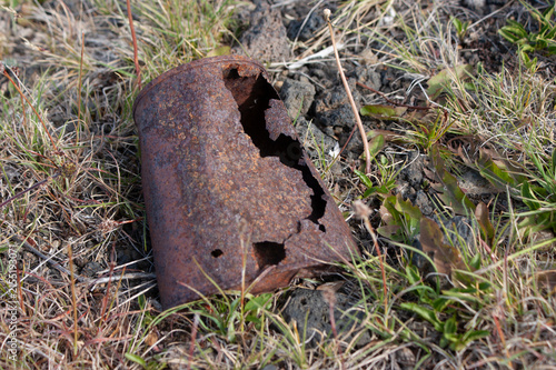 Принти на полотні Rusted metal object abandoned in the grass, showing severe corrosion and decay, blending into the natural landscape of Patagonia, Argentina