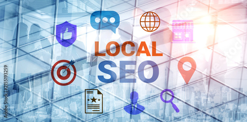 Canvastavla Engaging visual showcasing local SEO concepts with icons representing digital marketing tools against a cityscape, emphasizing online growth and business visibility