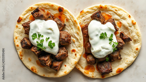 Lamb flatbreads with yogurt, presented from above on a neutral background.