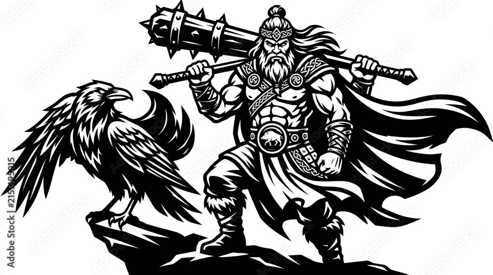 Obraz premium Warrior with mace and raven on rock