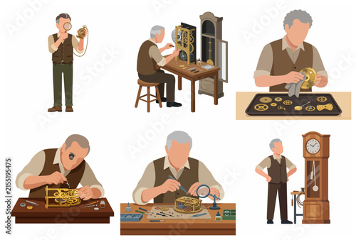 Set of Professional Watchmaker Craftsman Repairing Vintage Clocks and Watches Illustration