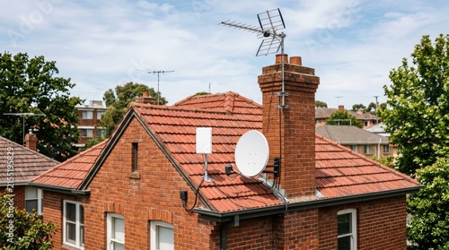 A brick house with a terracotta roof features an antenna, satellite dishes, and a chimney. The house is situated in a residential neighborhood with other houses visible in the background.