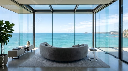 Luxury Minimalist Glass House with Ocean View and Modern Gray Sofa