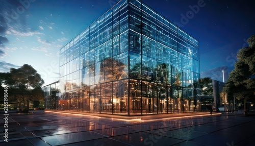 Modern glass building at dusk cityscape.