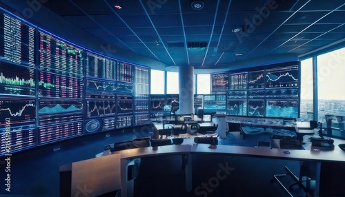 Modern office with stock market screens.