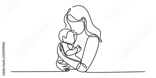 Continuous line drawing of a mother holding her baby