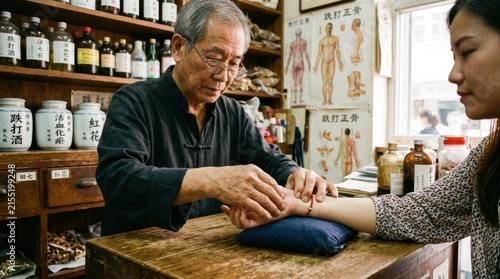 A close-up of a Chinese traditional bone-setting practitioner (跌打医师) hands gently manipulating a patient's wrist to treat a sprain, the hands skilled and precise.