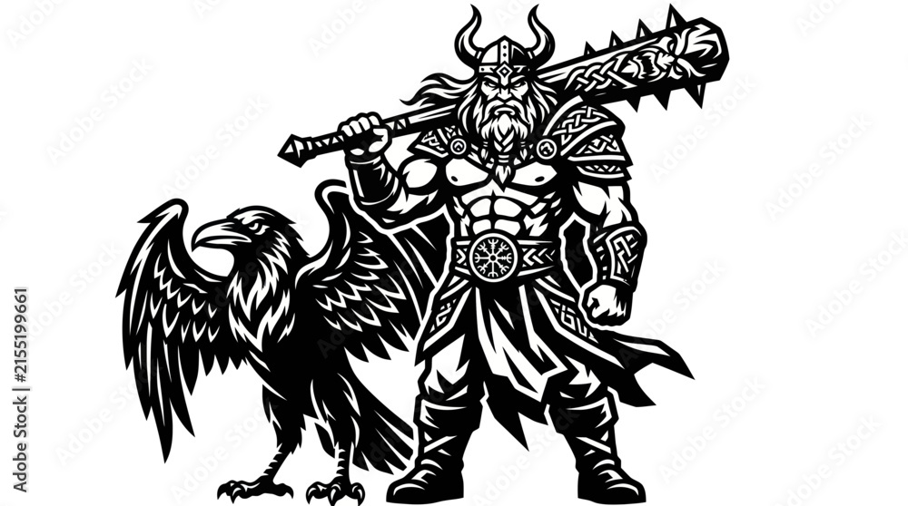 Obraz premium Warrior with viking helmet and raven