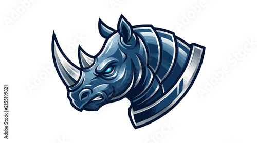 Armored rhinoceros head sports mascot logo.