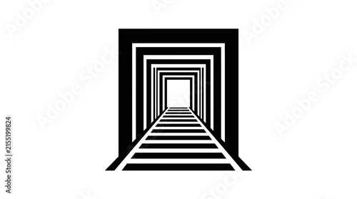 Black and white geometric tunnel perspective logo.