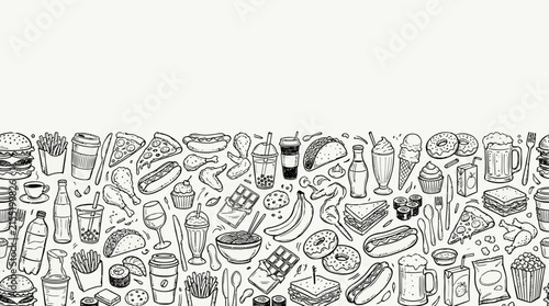 Black and white hand drawn fast food doodle pattern