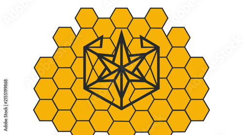 Black geometric star icon over yellow honeycomb background.