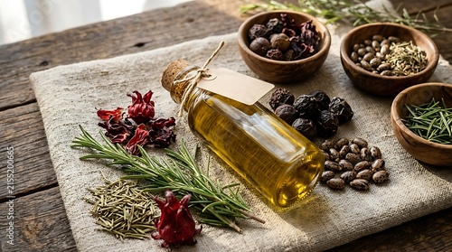 Bottle of golden olive oil with fresh rosemary and black olives on a rustic wooden table. thickening hair oil