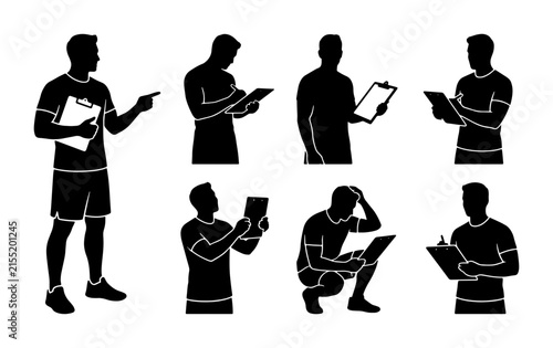 Coach Silhouettes with Clipboards, Sports Trainer Poses, Athlete Instruction Graphics