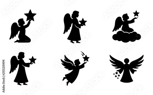 Angel Silhouettes, Christmas Angels with Stars, Vector Icons for Festive Design
