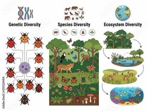 Comparison of genetic species and ecosystem biodiversity concepts with biodiversity ecosystem diversity environment conservation wildlife variation population interaction evolution education