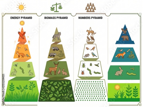 Ecological pyramids diagram showing energy biomass and numbers distribution with ecosystem environment consumer producer predator educational biological wildlife conservation interaction