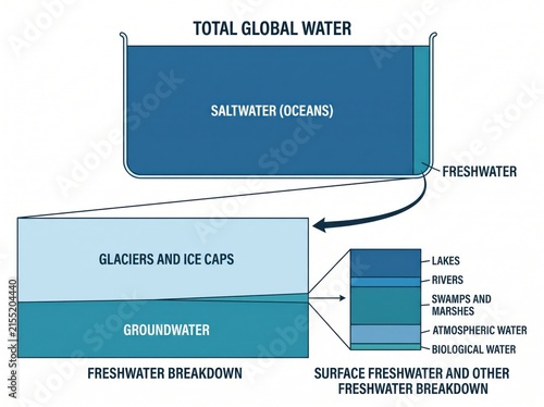 Diagram of global water distribution and freshwater breakdown with resources freshwater groundwater environment sustainability conservation distribution statistics hydrology environmental