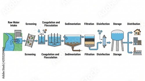 Water treatment plant process flow diagram showing filtration and purification steps with treatment purification filtration infrastructure industry sanitation sedimentation distribution