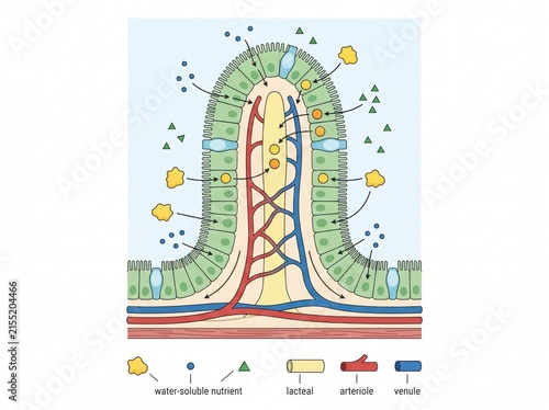 Anatomical cross section of intestinal villi showing nutrient absorption with intestine digestion absorption nutrient microscopic structure gastrointestinal physiology epithelium capillary