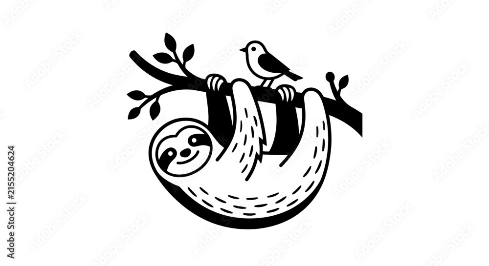 Fototapeta premium A minimalist black and white illustration of a cute sloth hanging from a tree branch with a small bird.