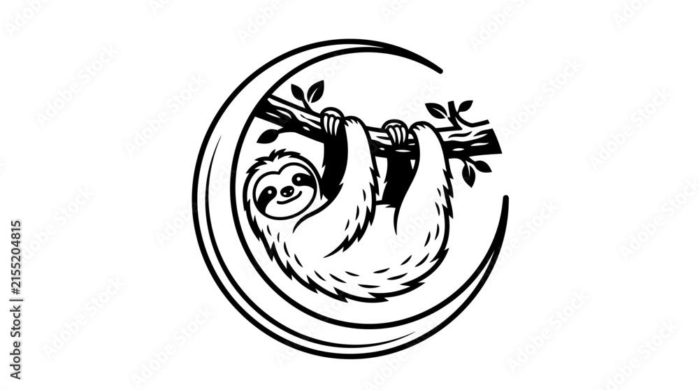 Obraz premium A black and white line art illustration of a cute sloth hanging from a crescent moon.