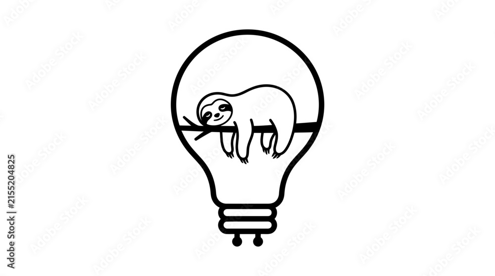 Fototapeta premium A minimalist line art illustration of a cute sloth resting inside a glowing light bulb.