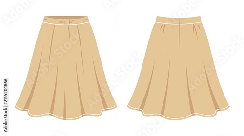 Fashion Illustration of a Classic Beige Pleated Midi Skirt Showing Front and Back Views for Apparel Design Template